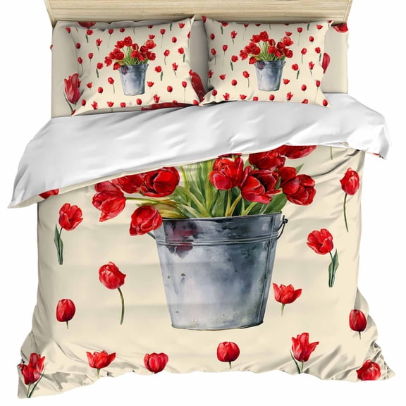 Red Tulip Flowers Set of 4 Bedding Quilt Covers, Spring Floral Vintage Drum Country Yellow 4-Piece Bed Sheet Set with Extra Soft Bed Sheets Quilt Cover Pillowcase, Twin