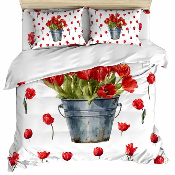Red Tulip Flowers Set of 4 Bedding Quilt Covers, Spring Floral Vintage Drum Rustic 4-Piece Bed Sheet Set with Extra Soft Bed Sheets Quilt Cover Pillowcase, Queen