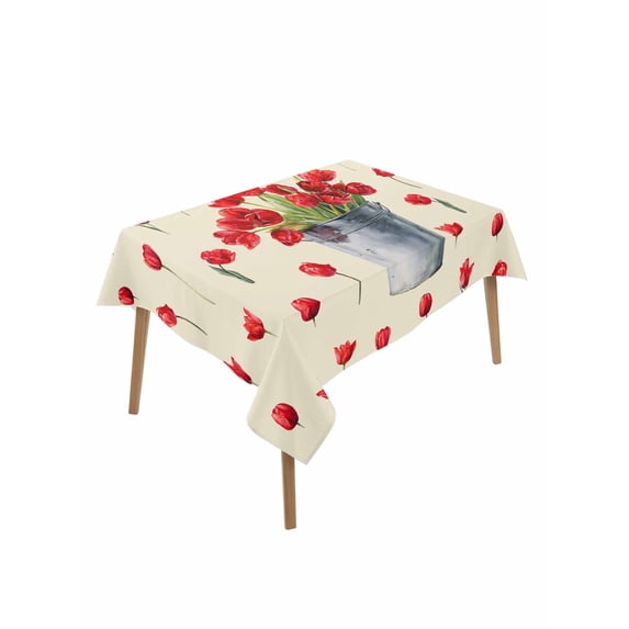 Red Tulip Flowers Table Cloth, Waterproof Tablecloth for Rectangle Tables, Spring Floral Vintage Drum Country Yellow Reusable Washable Fabric Table Cover for Restaurant Kitchen Dining Tables 60"x102"