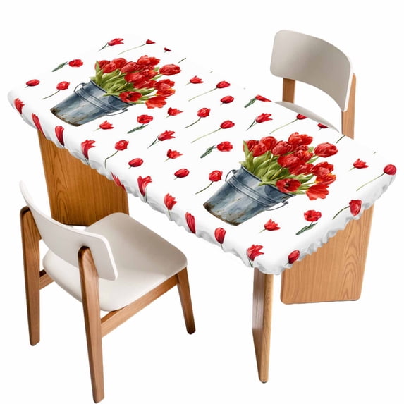 Red Tulip Flowers Table Cloths for 3 Foot Rectangle Tables, Spring Floral Vintage Drum Rustic Patio Waterproof Elastic Fitted Tablecloths, Washable Rectangular Table Cover for Camping