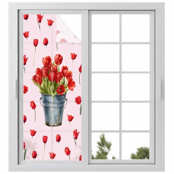 Red Tulip Flowers Window Privacy Film, Spring Farmhouse Floral Botanical Pink Static Cling UV Sun Blocking Heat Control Window Tint Day and Night, Non-Adhesive One Way Privacy Cover 29.5''x78.7''