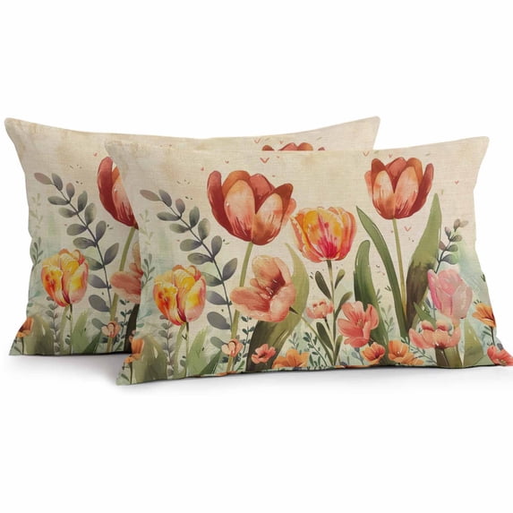 Red Tulip Outdoor Pillow Covers Pack of 2 Eucalyptus Watercolor Floral Plants Retro Linen Waterproof Throw Pillow Covers Decorative Cushion Cases for Patio Garden Tent Balcony Couch 20x12 inch