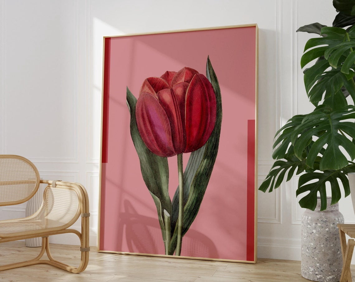 Red Tulip Painting Print • Red Pink Flower Wall Art • Trendy Flower ...