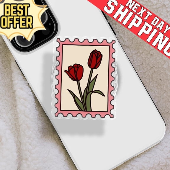 Red Tulip Stamp Phone Holder, Vintage Floral Postage Grip, Aesthetic Flower Stationery Phone Stand, Retro Botanical Gift, Cute Kindle Socket