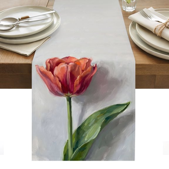 Red Tulip Table Runner, Elegant Floral Spring Cotton Linen Kitchen Dining Table Runner Cloth Dresser Scarf Decoration for Party Home Decor 13x36in