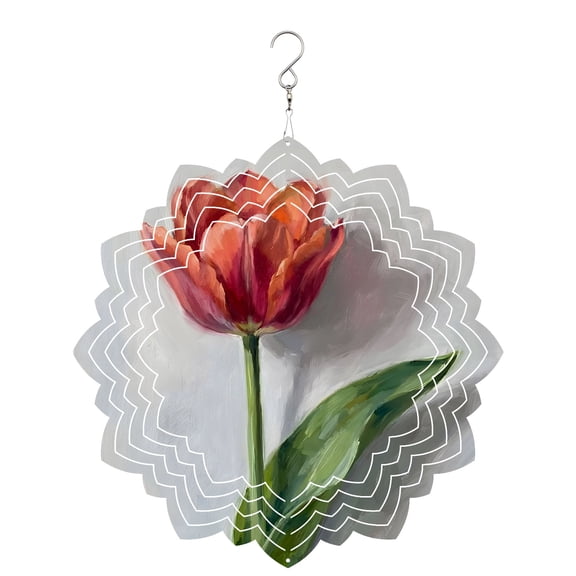 Red Tulip Wind Spinner for Garden Yard 8In, Elegant Floral Spring 3D Stainless Steel Kinetic Hanging Wind Spinners Rustproof Outdoor Decor for Lawn Patio Home