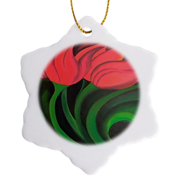 3drose, Red Tulips Abstract Art, 3 inch Snowflake Porcelain Ornament