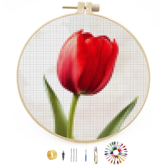 Red Tulips Flower Stamped Cross Stitch Kits for Beginners with Hoop Simple Patterns 11CT Counted Embroidery Needlepoint Crafts Arts for DIY Enthusiasts and Home Decor 26x26cm