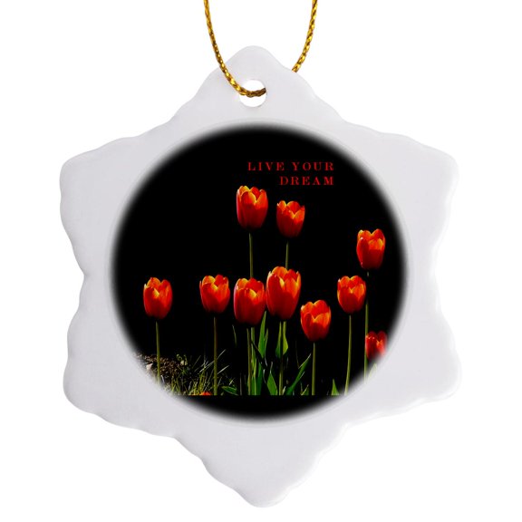 3drose, Red Tulips on Black, 3 inch Snowflake Porcelain Ornament