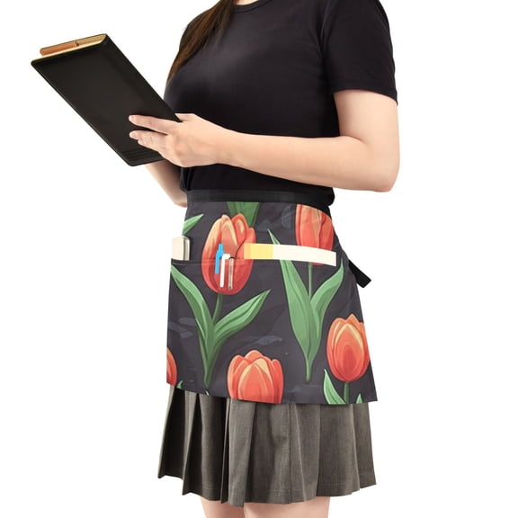 Red Tulips on Dark Server Apron with 3 Pockets Waist Apron for Waiter Waitress