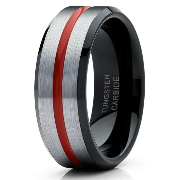 Red Tungsten Wedding Band 8mm Ring Black Tungsten Ring Anniversary Ring Men & Women Silver Brush Ring