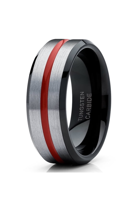 Red Tungsten Wedding Band 8mm Ring Black Tungsten Ring Anniversary Ring Men & Women Silver Brush Ring