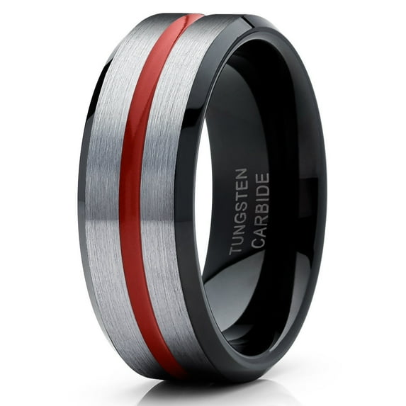 Red Tungsten Wedding Ring Silver Brush Ring Black Tungsten Ring 8mm Red Tungsten Ring Comfort Fit