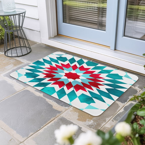 Red Turquoise Boho Door Mat Indoor Outdoor,Ethnic Tribal Aztec Abstract Geometric Non Slip Welcome Mat with Rubber Backing,Absorbent Front Door Mats Entryway Rug for Home Patio Entrance 16"x24"