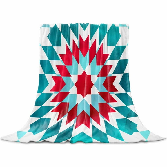 Red Turquoise Boho Flannel Blanket for Bed, Ethnic Tribal Aztec Abstract Geometric Soft Cozy Warm Couch Throw Blanket, Lightweight Fluffy Plush Bedding Blankets for Sofa Decor All Season 40"x50"