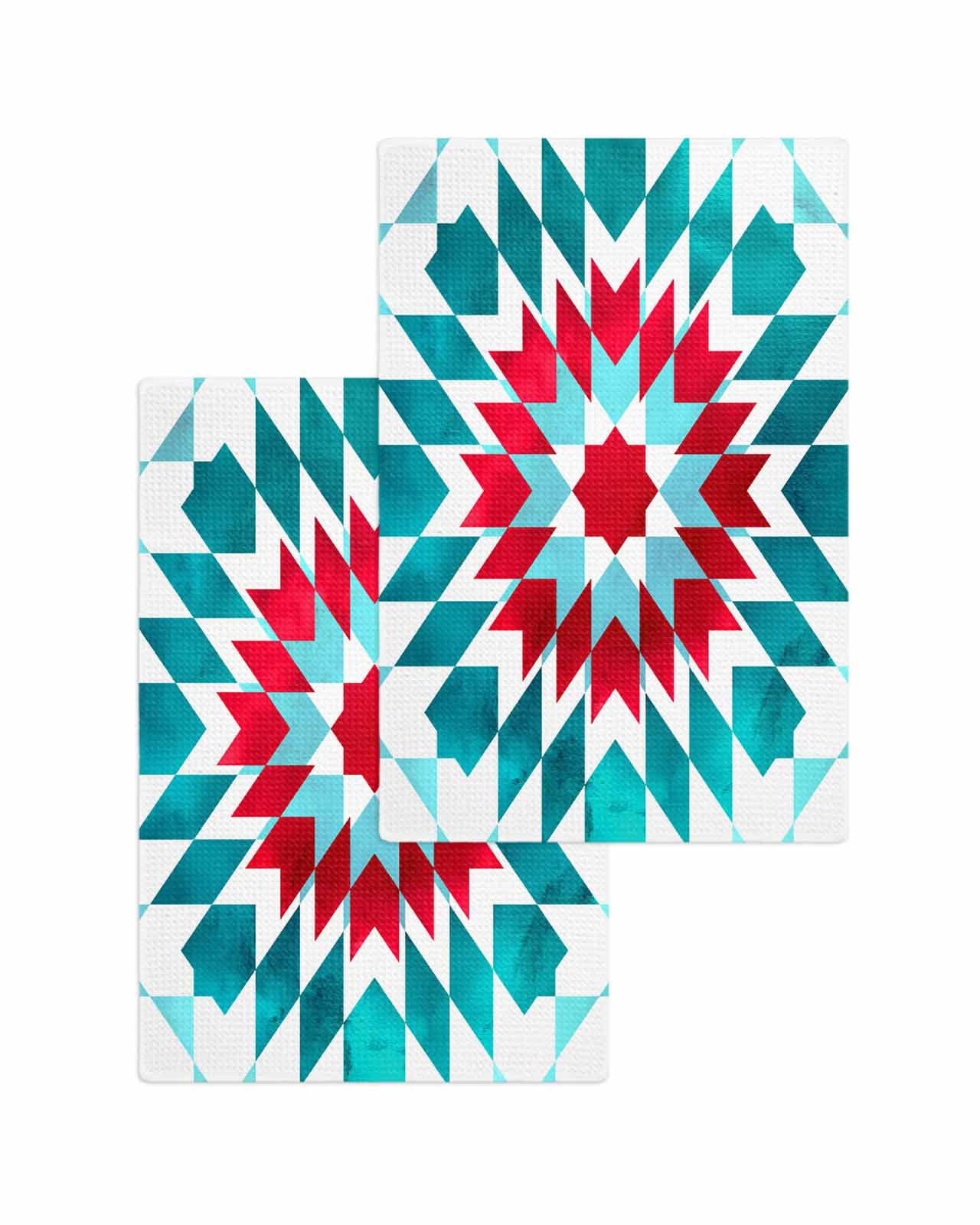 Red Turquoise Boho Kitchen Dish Towels for Drying Dishes Set of 2, Ethnic Tribal Aztec Abstract Geometric Waffle Weave Microfiber Terry Hand Tea Bathroom Towels Quick Dry & Absorbent Towel 15.7x23.6