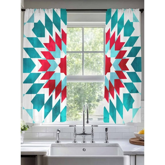 Red Turquoise Boho Sheer Curtains for Living Room Bedroom Ethnic Tribal Aztec Abstract Geometric Sheer Curtains 63 Inch Long 2 Panels Set Light Filtering Curtain Window Treatments Drapes