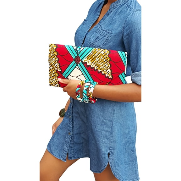 Red, Turquoise, white African Print Clutch Purse