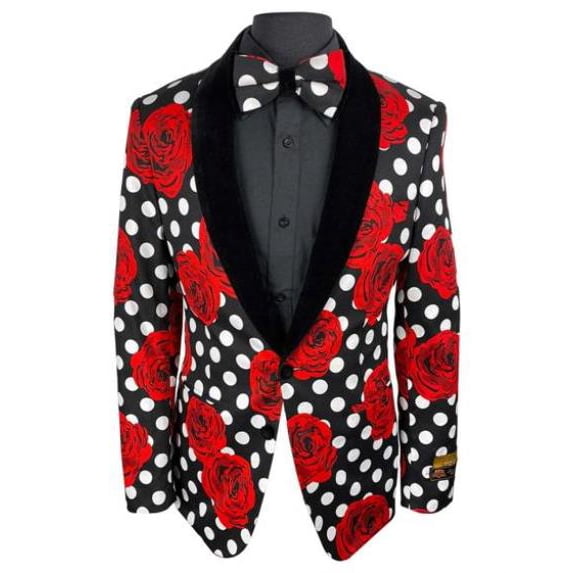 Red Tuxedo Black and White and Red Polk Dot Floral Flower Paisley Suits