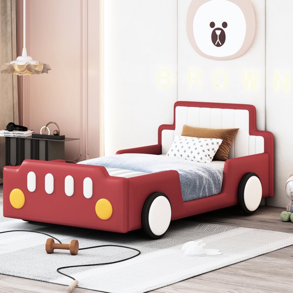 Red Twin Platform Bed With Race Car Design Wheels, Creating A Modern Bedroom Look Size Car-shaped And Dependable - Rest