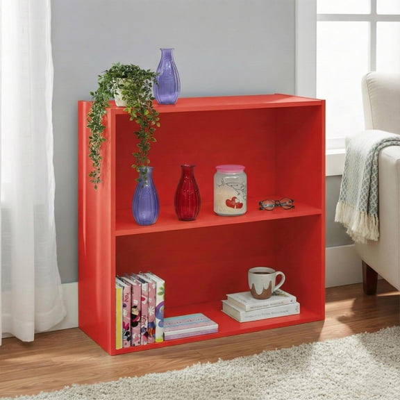 Red Two-Tier Modern Bookcase With Open Storage Shelves For Living Room Home Office
