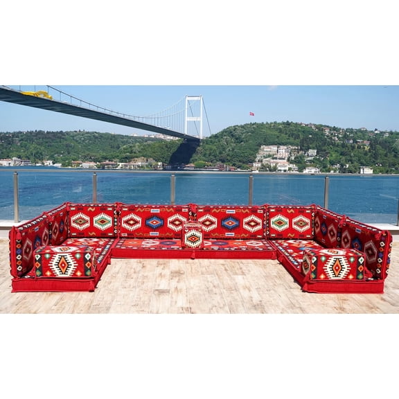 Red U Shaped Arabic Floor Sofa Set, Floor Cushions, Moroccan Sofas, Turkish Sofa, Convertible Sofa, Floor Pillows, Seating Turkish Sofa