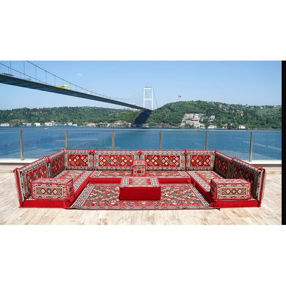 Red U Shaped Arabic Floor Sofa Set, Floor Cushions, Patio Sofas, Sofa Terrace, Ethnic Sofa, Moroccan Sofas, Turkish Sofa