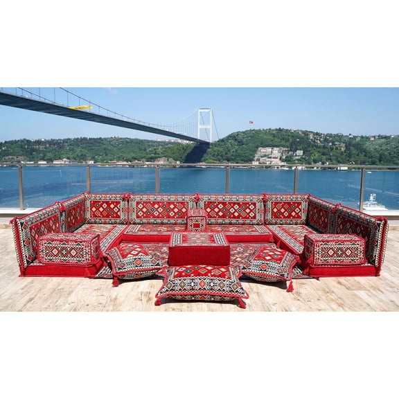 Red U Shaped Arabic Floor Sofa Set, Floor Cushions, Patio Sofas, Sofa Terrace, Ethnic Sofa, Moroccan Sofas, Turkish Sofa