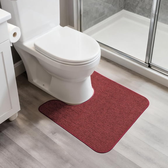 Red U-Shaped Toilet Rug 20 x 24 Inch, Low-Pile Terry Cloth Bathroom Mat with Rubber Backing, Contour Toilet Floor Rug for Bathroom, Powder Room and Guest Washroom, 1 Piece
