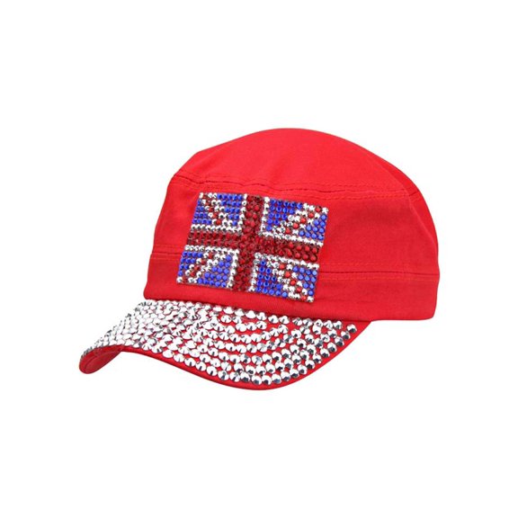 Red Uk Shiny Rhinestone Studded Cadet Cap Hat