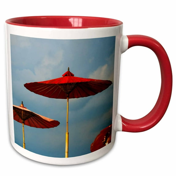 3drose, Red Umbrellas on Inle Lake, Shan State, Myanmar, 15oz Two-tone Red Mug
