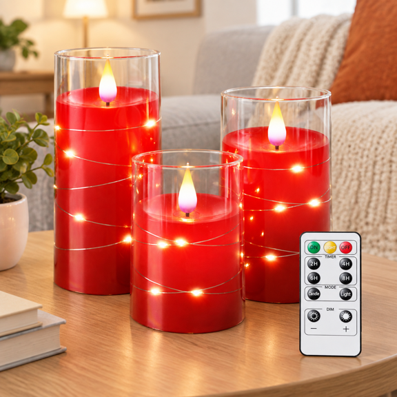 Red Unbreakable Plexiglass LED Pillar Candles with String Lights and Remote, Set of 3