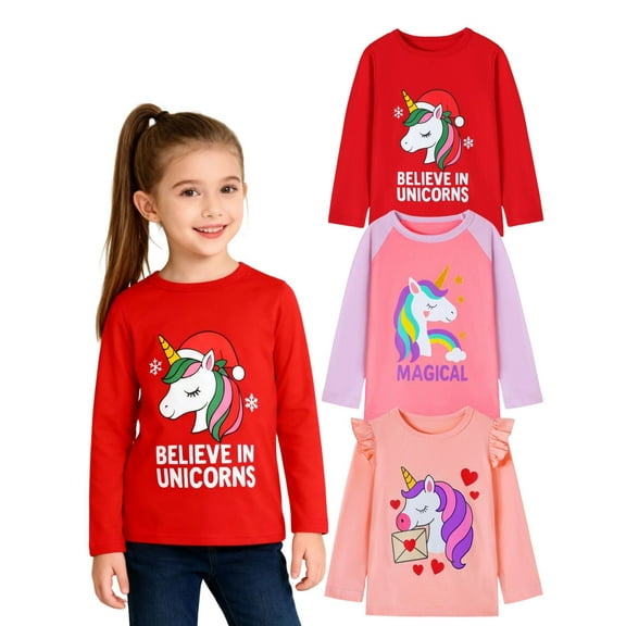 HILEELANG Toddler Girls Long Sleeve Unicorn T Shirts 3 Pack Christmas Red Unicorns Pink Purple Peach Ruffle Love Unicorn – 100% Cotton Fall Winter Kids Tops 2T