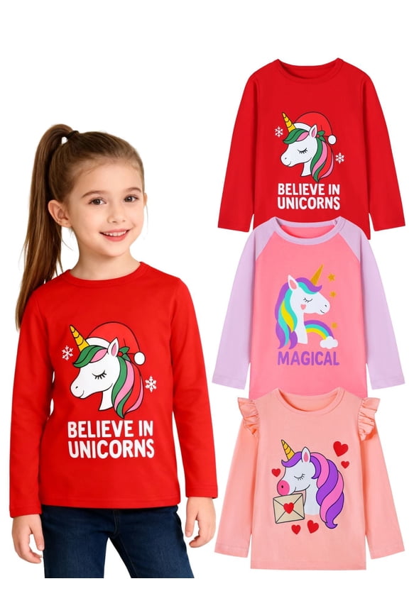 Toddler Girls Long Sleeve Unicorn T Shirts 3 Pack Christmas Red Unicorns Pink Purple Peach Ruffle Love Unicorn – 100% Cotton Fall Winter Kids Tops 2T