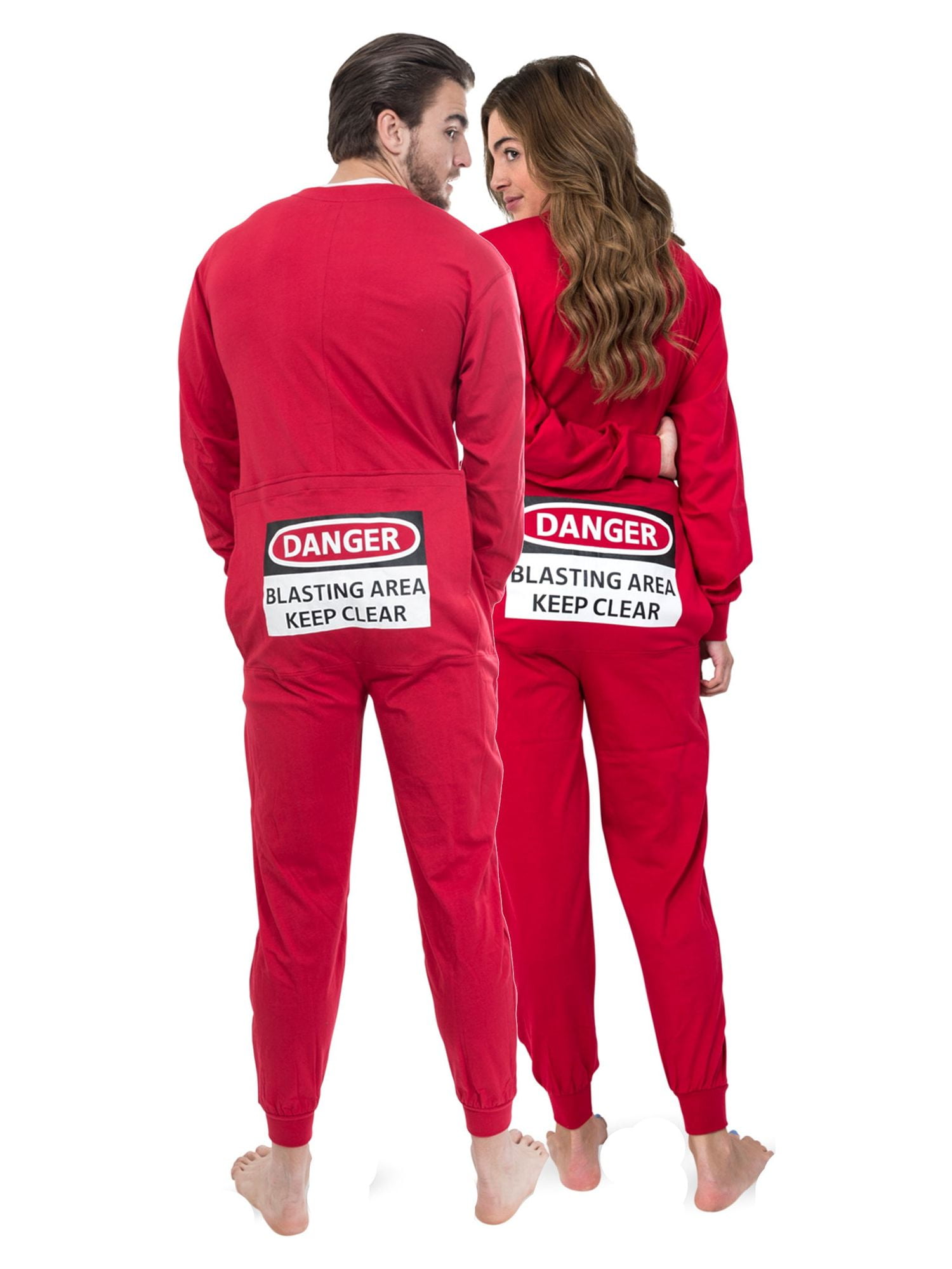 Red Union Suit Sleeper Pajamas with Funny Rear Flap DANGER BLASTING AREA