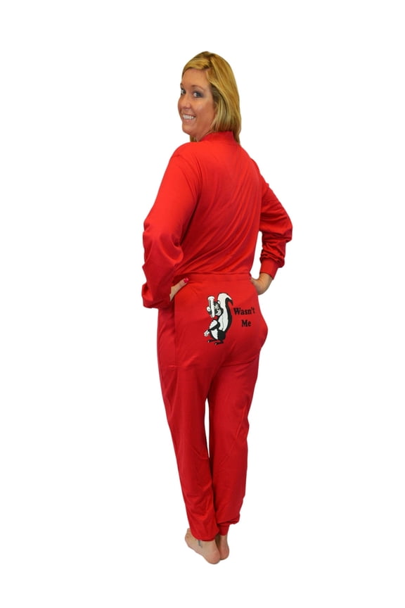 Red Union Suit Sleeper Pajamas with Funny Rear Flap "Wasn't Me" Skunk