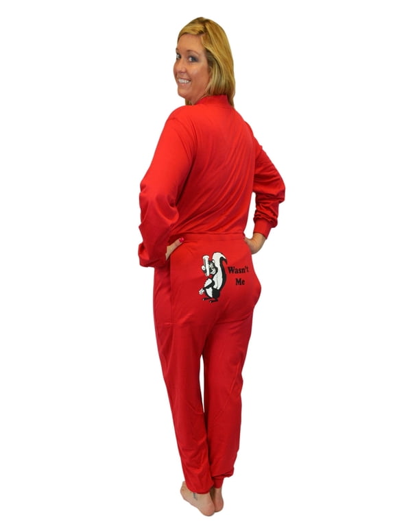 Red Union Suit Sleeper Pajamas with Funny Rear Flap "Wasn't Me" Skunk