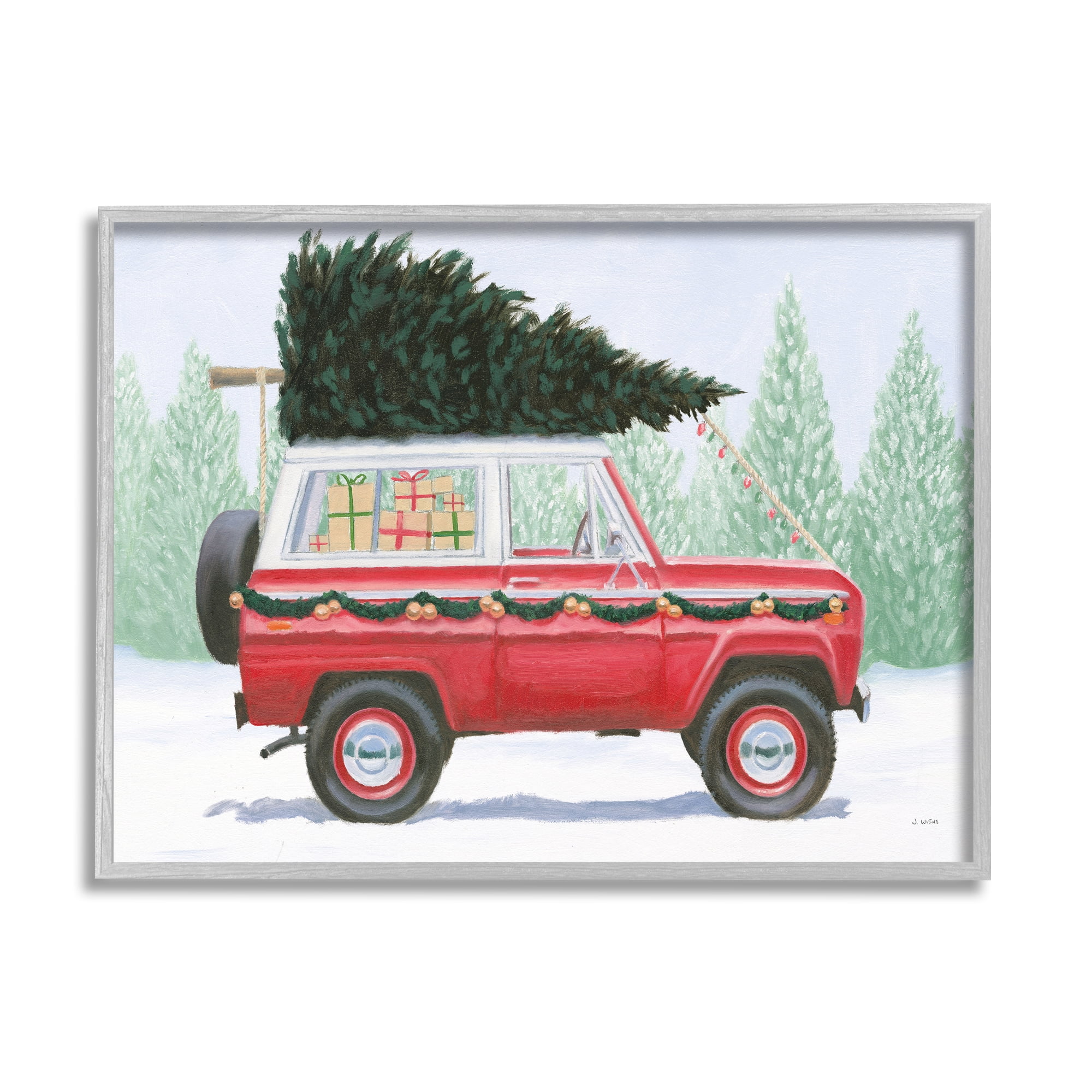 Red Utility Truck Winter Christmas Tree Snowy Forest 30 in x 24 in Framed Painting Art Prints, by Stupell Home Décor