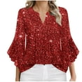 thumbnail image 1 of Red V Neck Spandex T Shirts for Women Fall Summer Flounce 3/4 Bell Sleeve Floral Graphic Loose Fit Brunch Pleated Tops Shirt Ladies 2025 Clothes XXL, 1 of 5