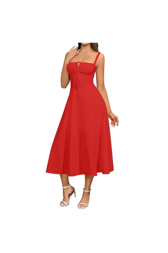 Red V Neck Spandex for Women Fall Summer Spaghetti Strap Midi Lounge Ruched with Slit Tie Knot Paperbag Dresses Womens 2026 Clothes Fashion S