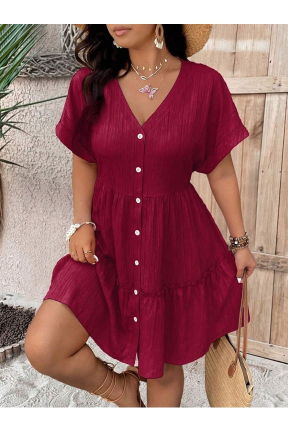 Red V-Neck Textured Drop Shoulder Flounce A-Line Midi Dress