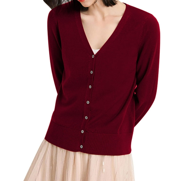 Red V Neck Women's Classic Button Down Long Sleeve V Neck Soft