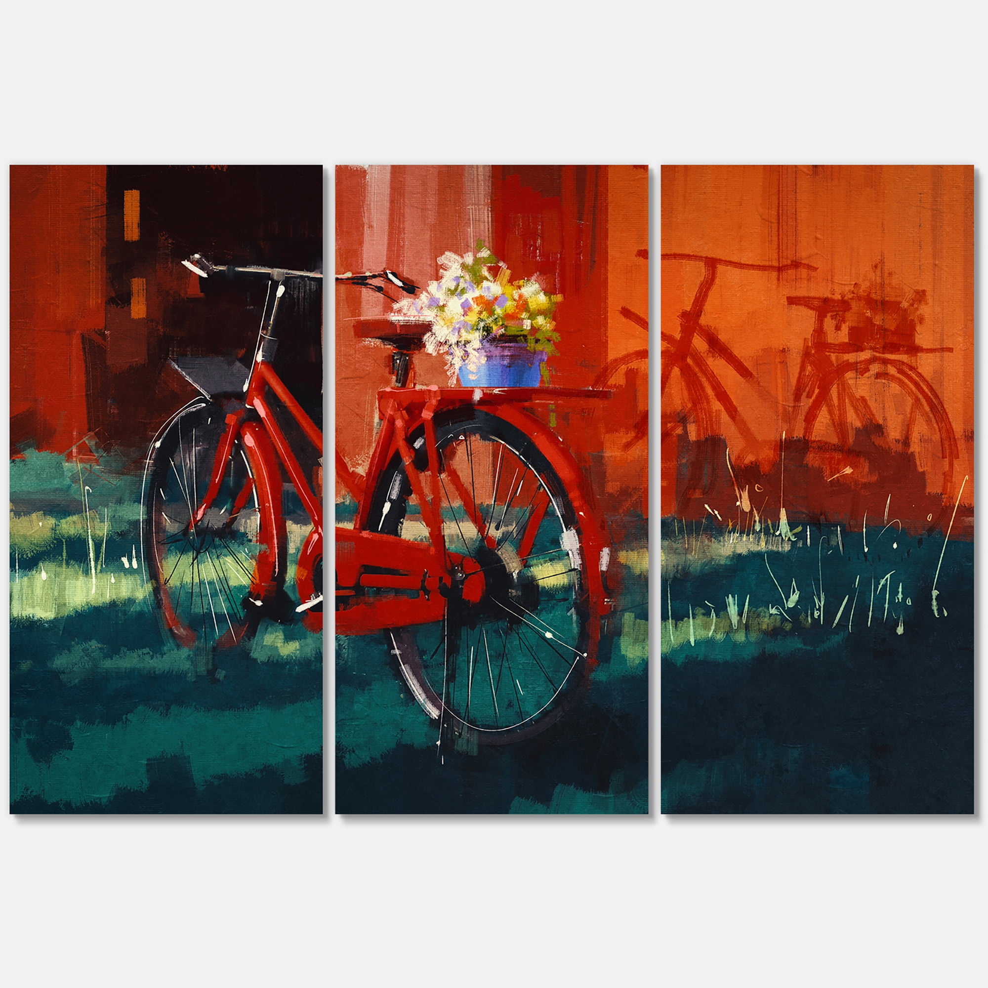 Red VIntage Bicycle With Flowers Bucket 28 in x 36 in Painting Canvas Art Print, by Designart
