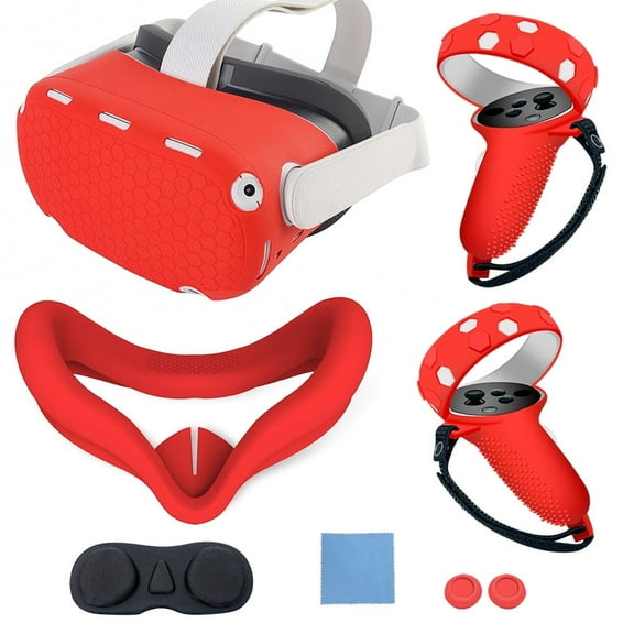 Red VR Cover Accessories Set Compatible with Meta Quest 2, Silicone VR Shell, Controller Grips & Face Cover, Button Caps, Lens Cover + Glasses Cloth Set for Quest 2 (for Meta Quest 2)