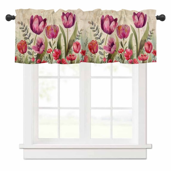 Red and Valances for Windows Pink Tulip Watercolor Floral Retro Linen Rod Pocket Curtain Valance Window Treatment Short Curtains for Kitchen Living Room, 60"x14"