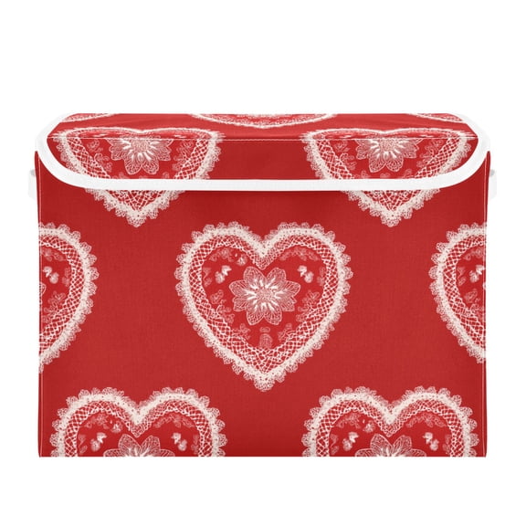 Red Valentine Hearts with Lace Foldable Storage Bins with Lids Handles Collapsible Storage Containers Tote Boxes 16.5 x 12.6 x 11.8 inches