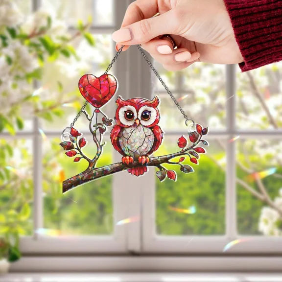 Red Valentine Owl Acrylic Suncatcher Cute Bird On Branch Window Hanging