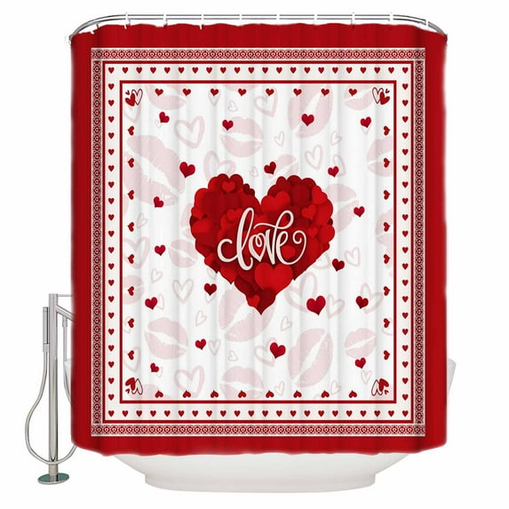Red Valentine's Day Bathroom Shower Curtains with 12 Hooks Polyester Waterproof Shower Curtain for Stalls and Bathtubs Love Heart Romantic Valentines Decorative Bathroom Privacy Curtain 36x72 Inches