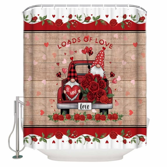 Red Valentine's Day Bathroom Shower Curtains with 12 Hooks Polyester Waterproof Shower Curtain for Stalls and Bathtubs Love Heart Roses Gnomes Wooden Decorative Bathroom Privacy Curtain 72x72 Inches
