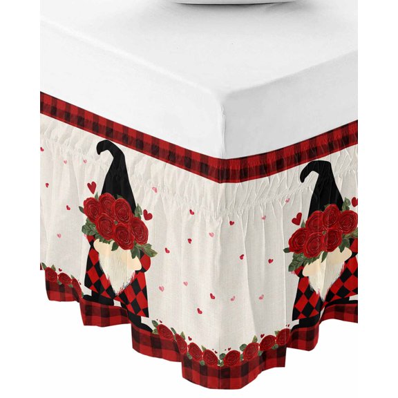 Red Valentine's Day Bed Skirt Queen Size 16 Inch Drop, Wrap Around Bed Skirts, Roses Gnomes Love Heart Plaid Rustic Elastic Bedskirt Pleated Bed Frame Cover Luxurious Dust Ruffle for Queen Bed